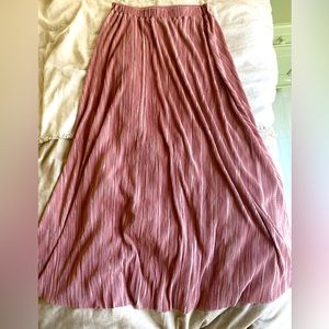 Midi-length flowy metallic pink skirt with cinched waistband